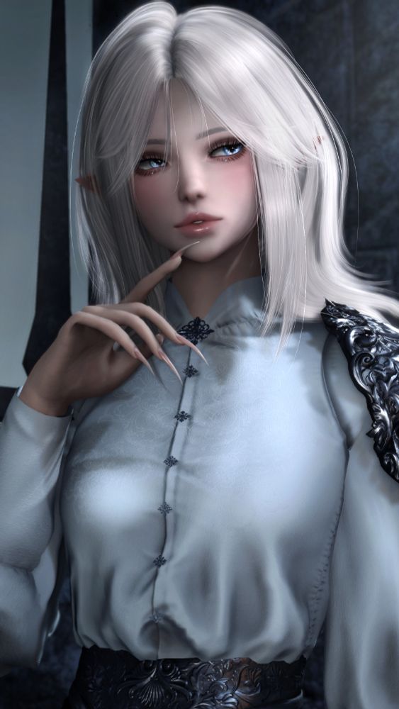 A vampiric woman, staring off to the side of frame. Her long claws are on full display as a hand hovers near her face, a single finger raised along her lips. She seems poised, curious even.