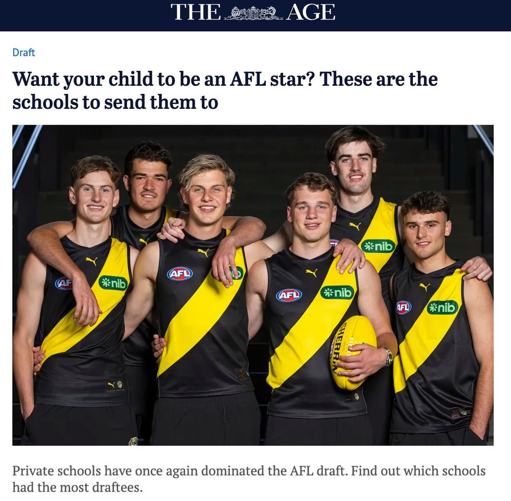 An Age headline that reads "Want your child to be an AFL star? These are the schools to send them to"