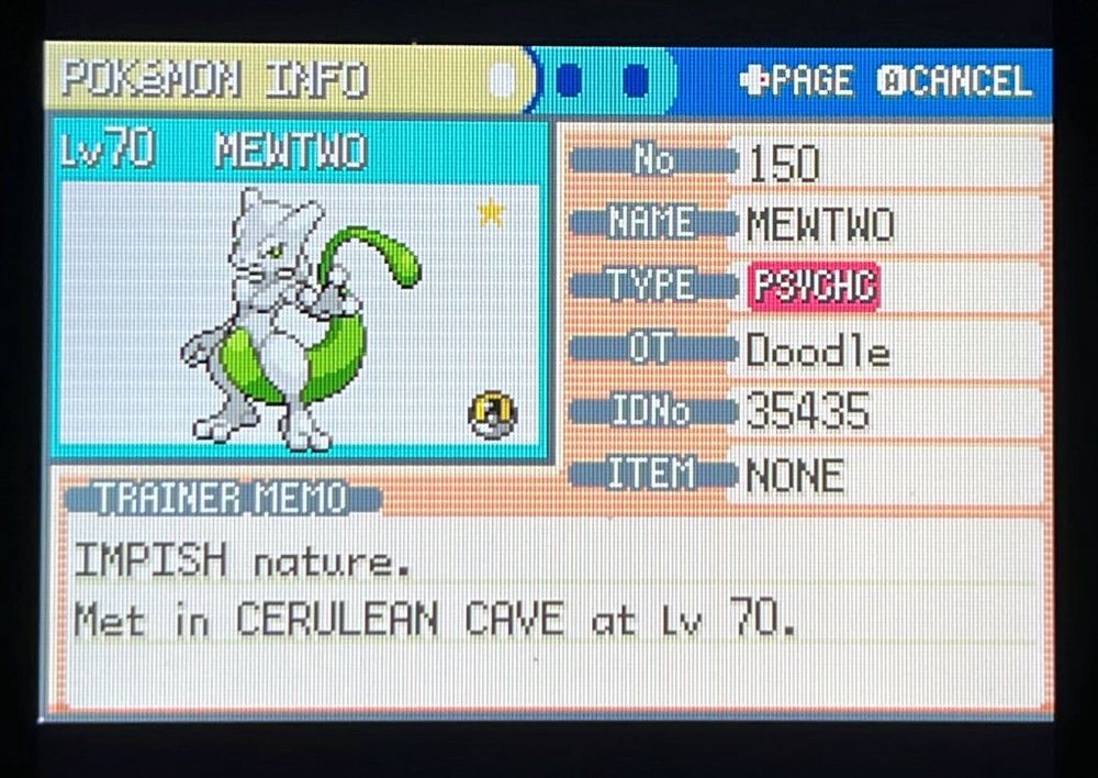 Shiny Mewtwo Status screen