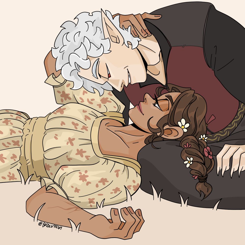 An illustration of my Tav, Elysia, lying down with her head on Astarion's lap as he sits cross-legged on the grass. Astarion leans over Elysia as though he is about to kiss her, with a sultry expression. She, in turn, smiles as she looks up at him, with one hand around the back of his neck, pulling him down to her.