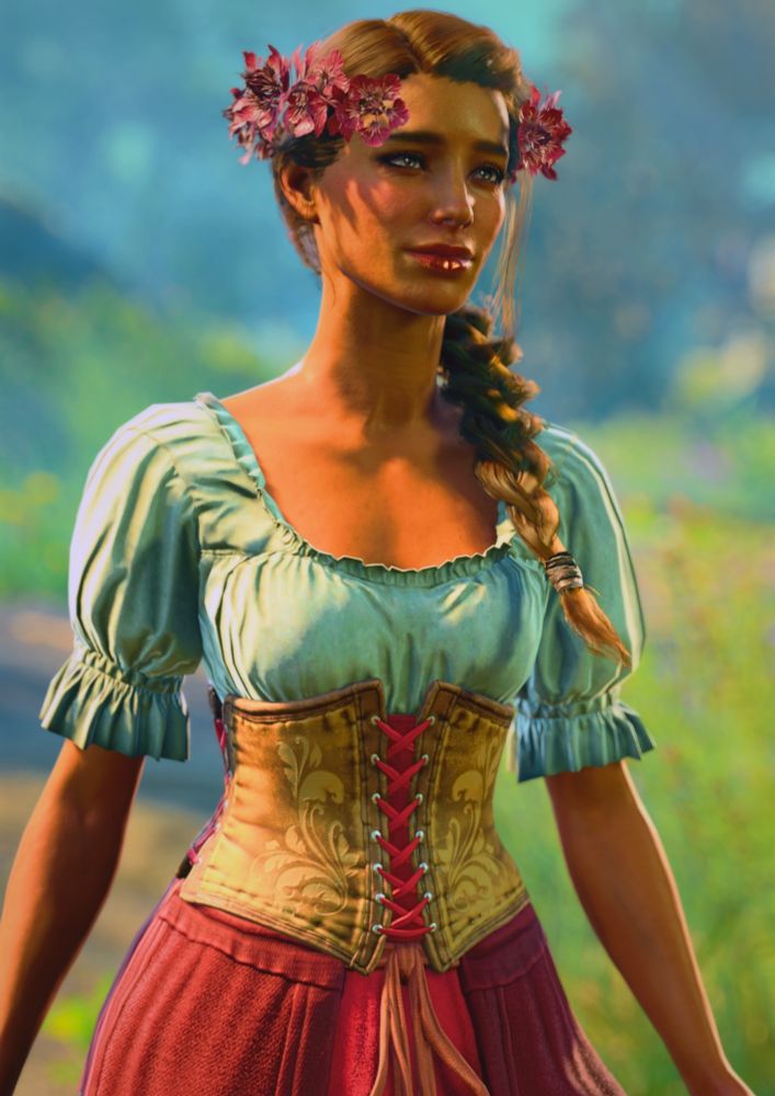 A portrait of Elysia from the thighs up. She is standing in a sunlit meadow, looking off camera with a gentle smile and her arms at her sides.
