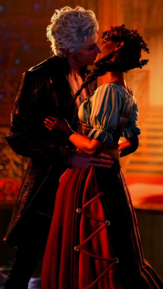 Elysia and Astarion standing together, kissing deeply. His hands are at her waist, pulling her closer to him, while her hands rest on his sides.