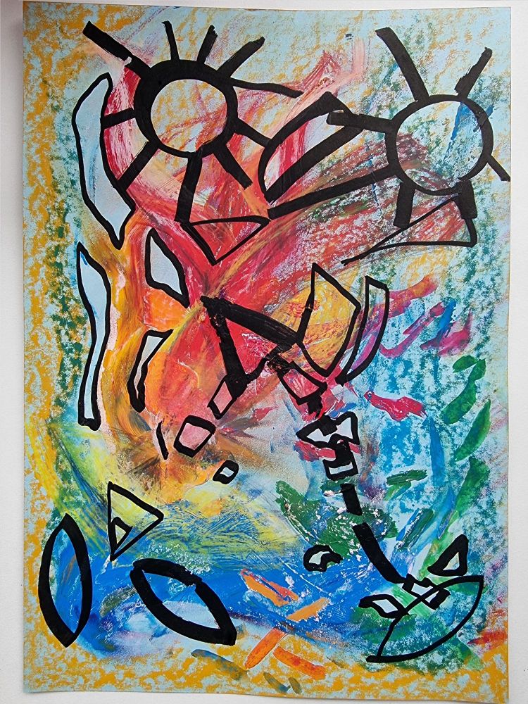 An abstract colourful drawing made up of swirling marks using oil wax and water soluble crayons layered on top of gouache paint splodges left over from a time when the page was used as a palette to hold and mix paint that had been squirted out of tubes. Layered on top of the paint and the crayon layers are thick black lines made with a marker pen forming shapes such as two hollow circles with several lines sticking out at 90-degree angles from their outer edge in different directions. Outlines of triangles of different sizes, also marquise, navette or little boat shaped outlines. One triangle near the centre of the drawing has a line leading away from one side. The line is broken but works with the triangle to create an arrow. Black lines also form outlines around places where there is little or no other colour layered on top of the original paper which is pale blue card. This card forms the background or bottom layer. There is lots of movement and disorder with bits of stillness and clarity.