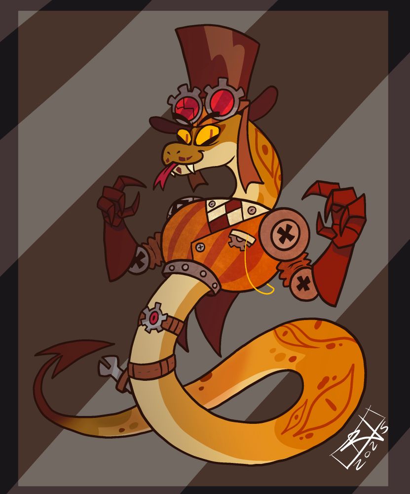 A redesign of Sir Pentious from the show Hazbin Hotel. He is a snake demon with a steampunk aesthetic, notably his torso, including his arms are all robotic.