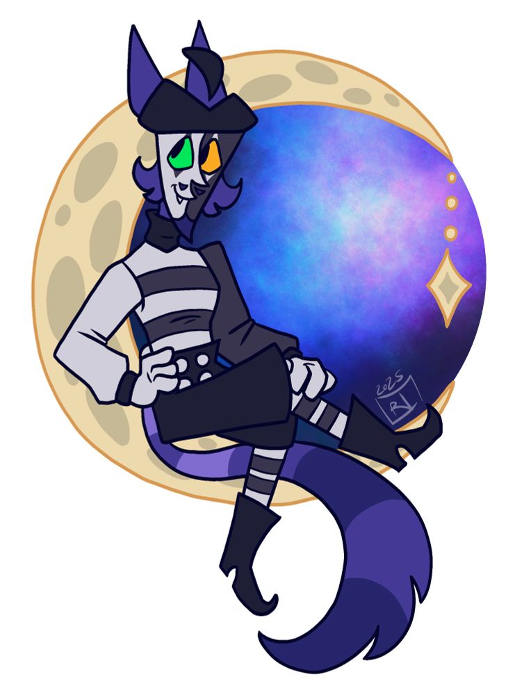 An illustration of a masked purple cat in a black and white mime outfit, sitting on a crescent moon with a stylized space background.