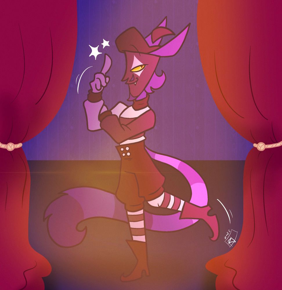 An illustration of a tall slender mime cat on stage, red curtains pulled back and a spotlight on him. He has a confident, borderline smug expression with one arm crossed over the other.