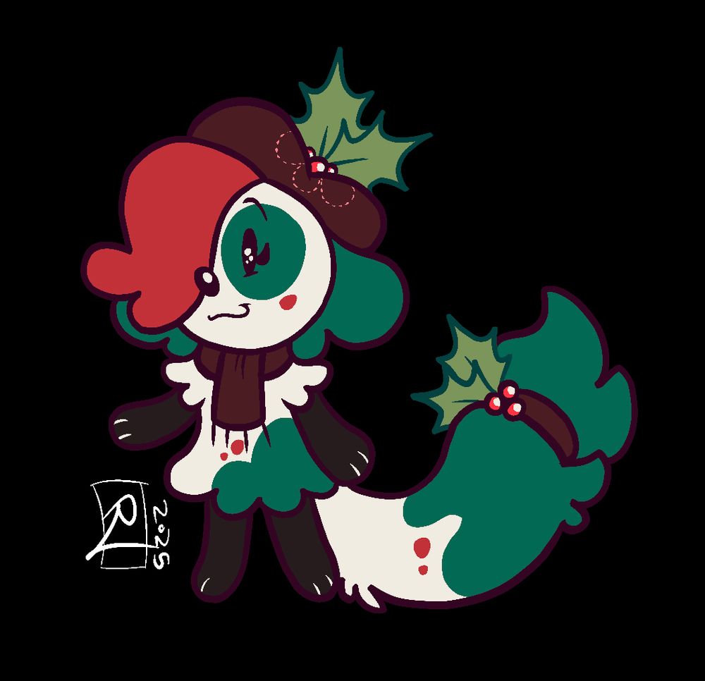 A small doglike character. She has a paintbrush-like tail, and is wearing a scarf and beret. Her white fur is covered in red and green spots, and she is decorated with holly leaves for the season.