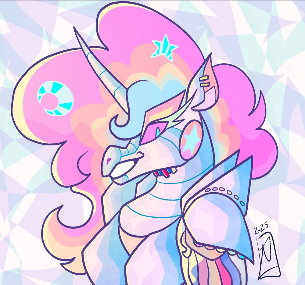 A headshot piece of art of a glamorous robotic unicorn.