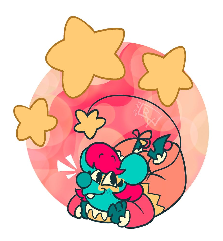 A stylized illustration of a teal mouse with pink hair in a clown outfit, with a star on her tail. She smiles, posing, on a stylized background with stars.