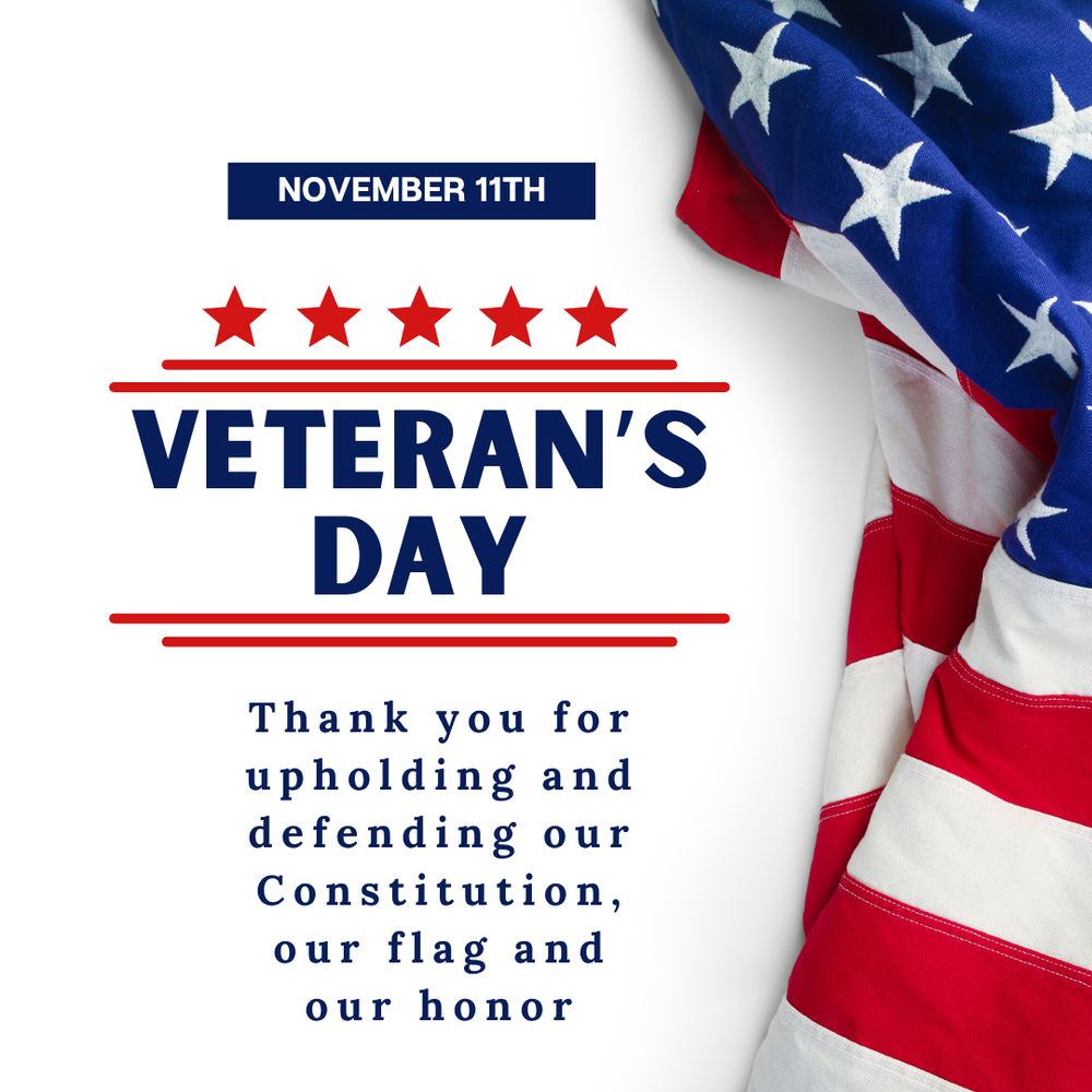 white background with American flag along the right side of the graphic

Text reads:

November 11th
Veteran's Day

Thank you for upholding and defending our Constitution, our flag and our honor