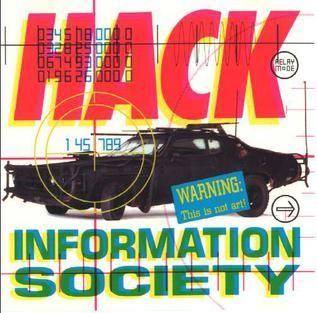 The cover of Hack by Information Society, featuring a white background when the silhouette of a modified Mad Max looking car.