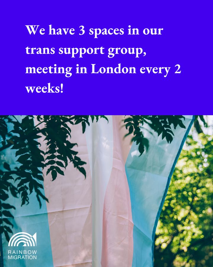 Photo of a trans flag on a blue background with white text reading "We have 3 spaces in our trans support group, meeting in London every 2 weeks!"