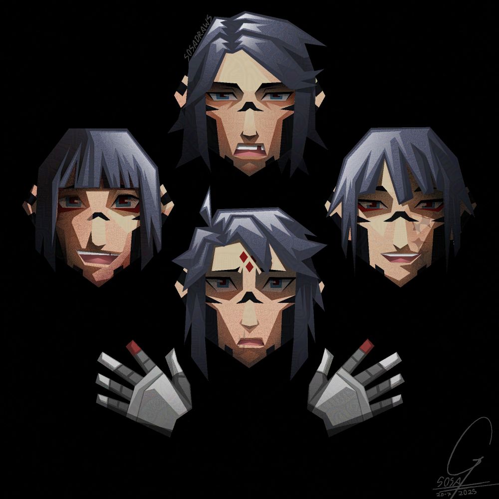 Stylized angular drawing of four replikas, an Ara, two Starlings and a Kolibri, recreating the iconic frame from the music video of Bohemian Rhapsody, by Queen. 