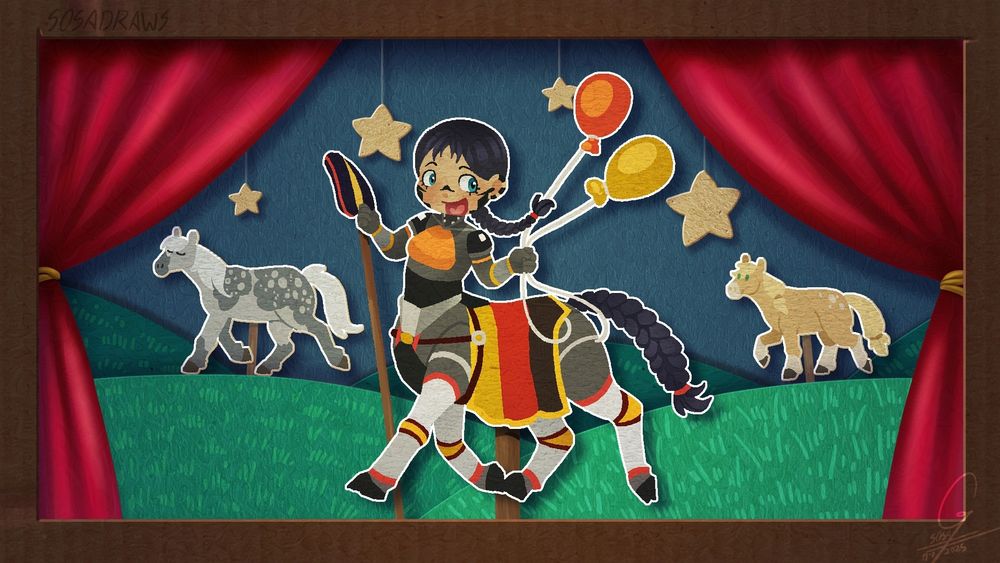Digital drawing stylized after a puppet teather. All the assets are textures like cardboard, aside from the curtains that frame the piece. At the front there's a centaur replika with braided hair and tail, drawn in a chibi art style. In one hand she holds two balloons, and in the other she holds her hat.

The background is a prairie at night, with four stars hanging above the replika. In the background there are two other puppets as well: an orlov trotter horse on the left, and a pony that vaguely resembles Applejack from My Little Pony on the right.