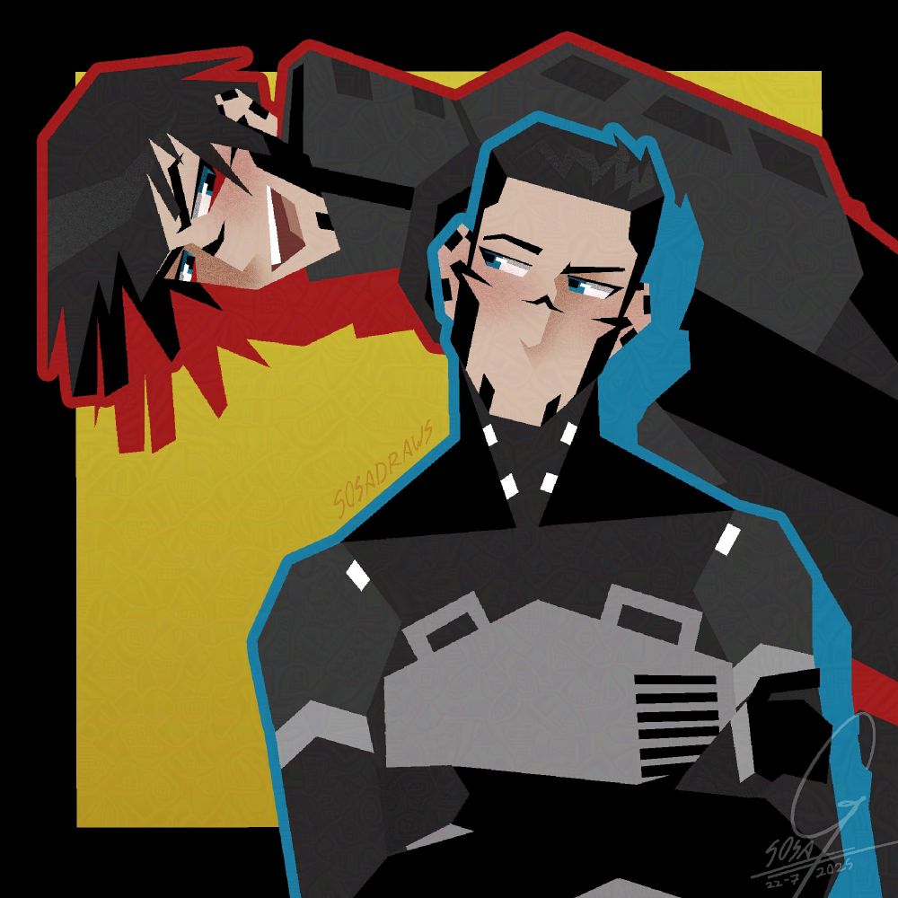 Stylized angular drawing of an Adler and Star replika. The Adler has his arms crossed, slightly blushing, as he gives a dubious look to his Starling partner, who is leaning down and teasing him with a big smile on her face, also blushing slightly.