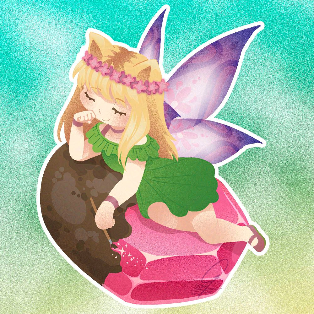 Digital drawing of a chibi fairy with long blonde hair, cat hears, transparent purple wings and green dress, resting on a rock that she's painting into a pink gem.