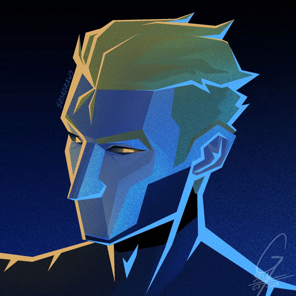 Stylized angular drawing of the headshot of a man with blonde hair and yellow eyes on blue lighting. He has back-lighting colored yellow on our left and light blue on our right.