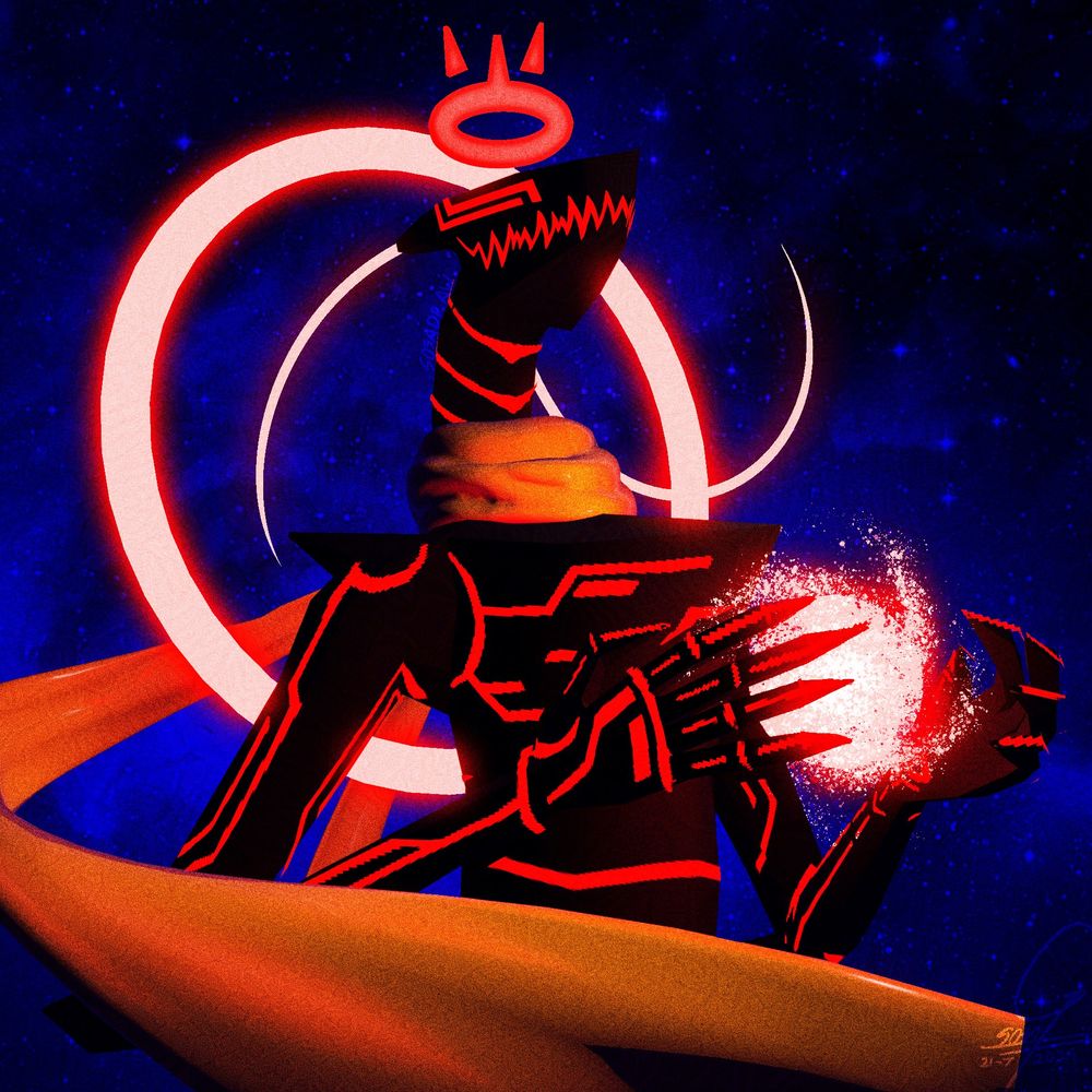 3D render of a black monster with bright red markings on his body, a giant glowing halo on his back, a red crown and a yellow scarf. The monster is smiling, holding a galaxy on his hands.