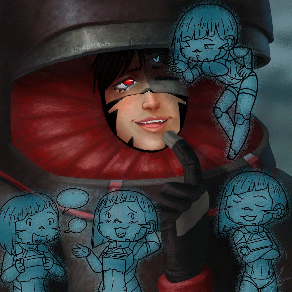 Bust of a Mynah unit drawn in a semirrealistic art style, thinking lovingly, as she is surrounded by four chibis of the same Starling unit, and one of them blows her a kiss.