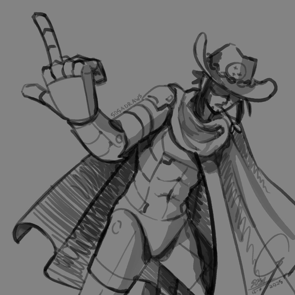 Sketch of an Elster unit in a cowboy hat and cloak flipping off the viewer