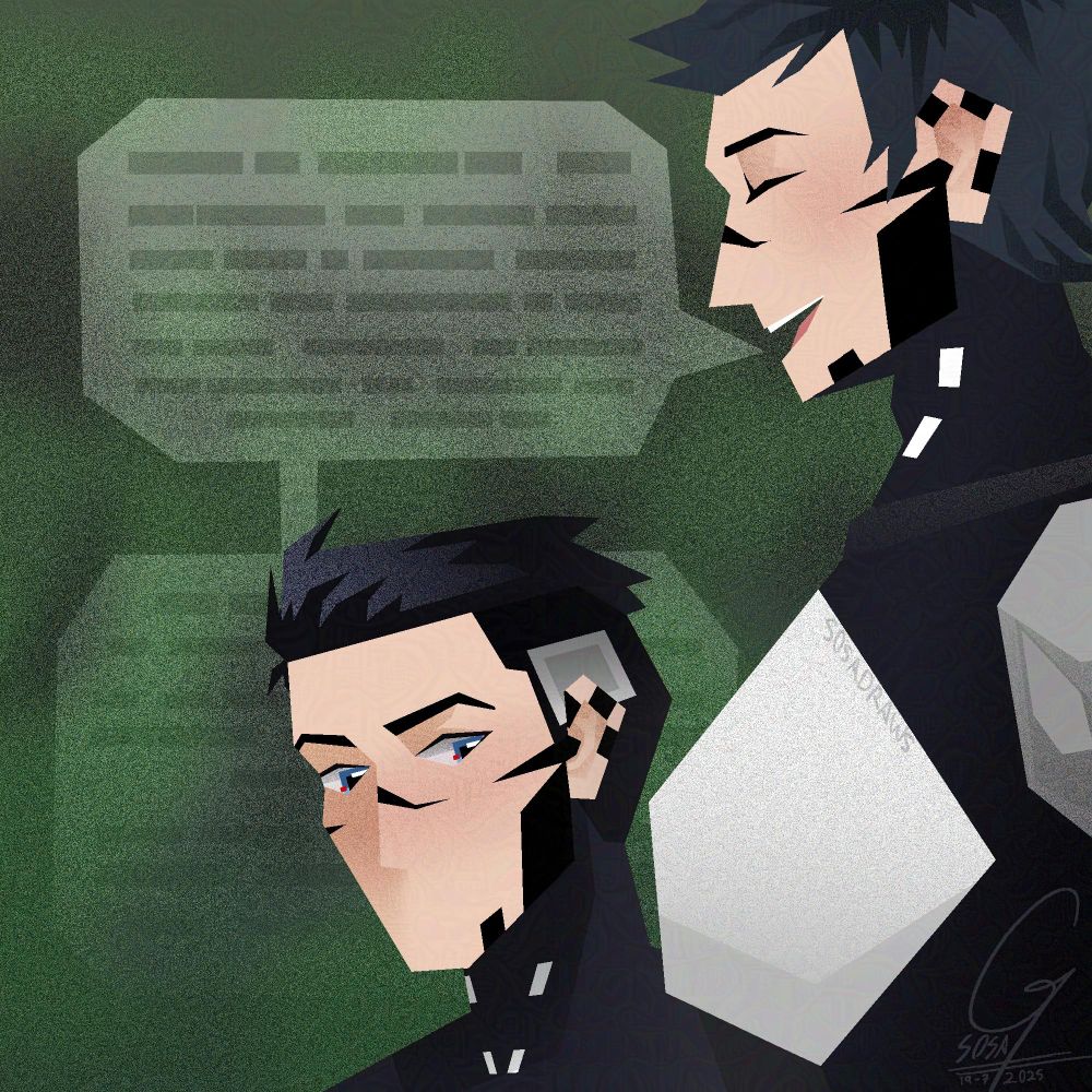 Stylized angular drawing of a tall male replika talking a lot, as the smaller one, an Adler unit, stares into the former's chest, not paying attention to what he's saying.