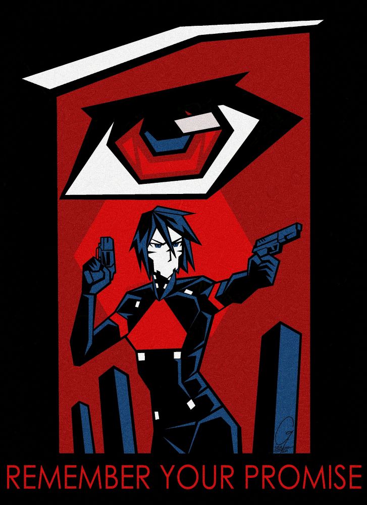 Angular/minimalistic drawing, with a limited color palette of red, another brighter shade of red, white, dark blue and black.

In it, it shows Ariane's red eye against a red background, and under it Elster with a bright red hexagonal halo, holding the revolver with her right hand, and the pistol with her left. Three pillars from the Red Gate are seen in the background. Under the drawing, it reads Remember your promise" in a bright red letters.