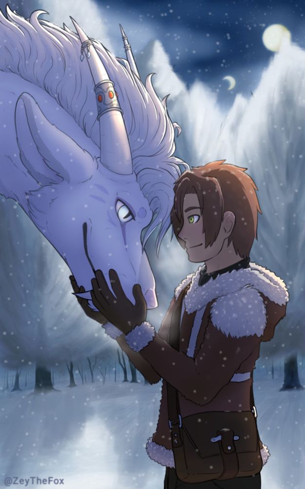 Leon is a man with brown hair and green eyes. He's dressed in a warm coat, with snow clinging to it. He's lovingly holding the face of a large, furred, white dragon between his gloved hands. It's night time, with two moons shining in the sky.