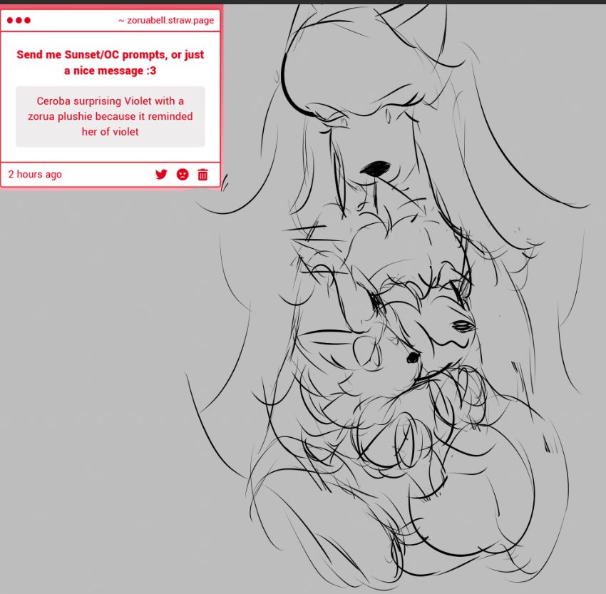 Ceroba staring lovingly at Violet in her lap, squeezing a Zorua plush in a loving hug