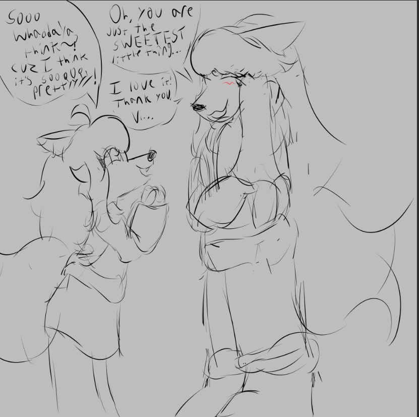 Ceroba wearing a hefty, big winter coat that Violet gifted to her. Violet is excitedly staring up at her saying "Sooo, whaddaya think? cause I think it's sooooo prettyyyy!"

Ceroba, blushing, responds "Oh, you are just the SWEETEST little thing... I love it! Thank you, Vi..."