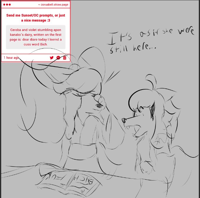 Violet and Ceroba looking at Kanako's diary. Ceroba is visibly tearing up, saying "It's as if she were still here..." while Violet is flabbergasted at the profanities in the book.