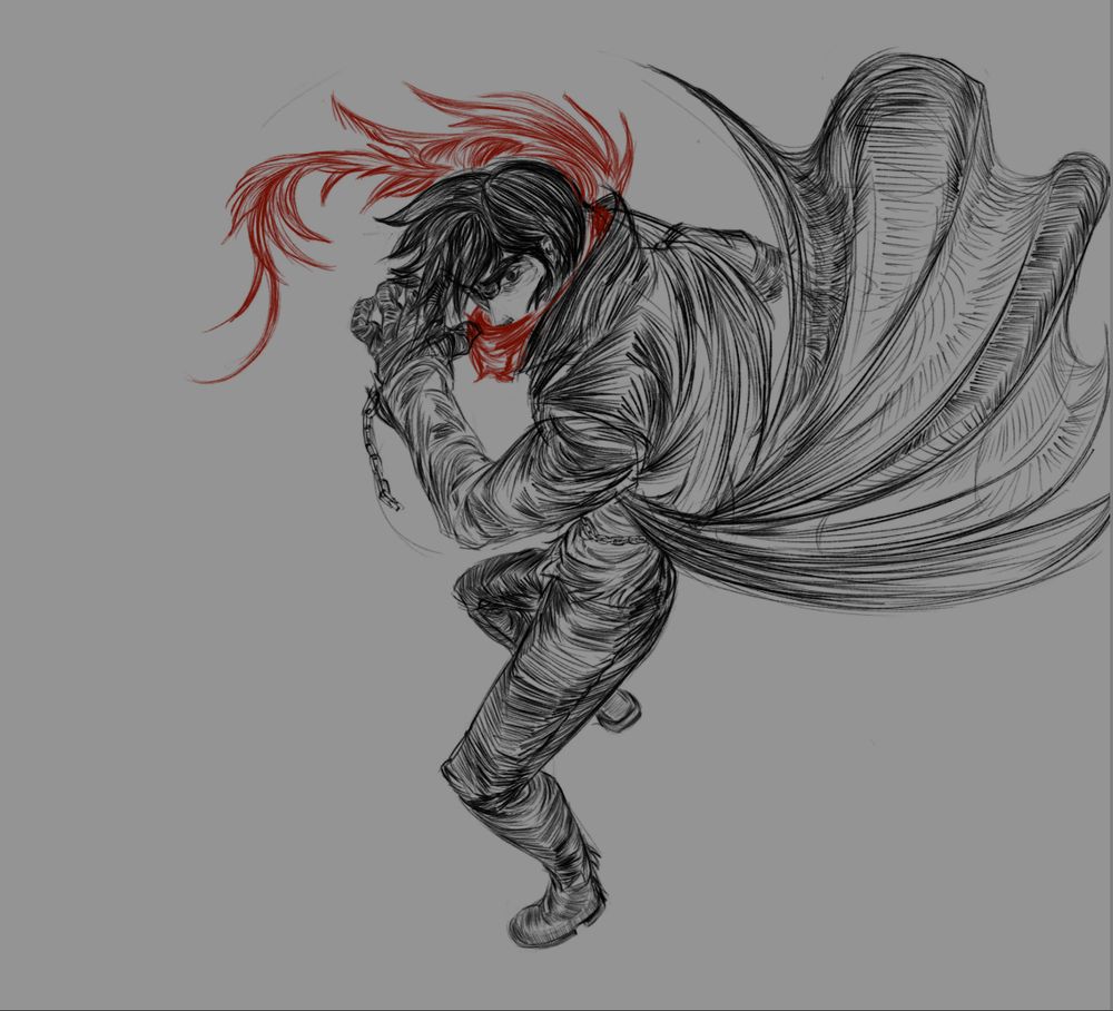 Background-less drawing (debating whether or not to add one) of Ryoma Nagare in 3 point Perspective, using his Getter Robo Armageddon design, his clothes are heavly textured using penciled cross-hatching, he is alert and in a fighting stance.