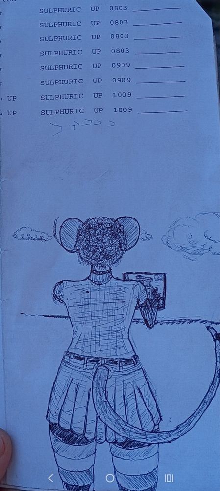 a drawing of mouse drawing 1201 with Rosa riding with curly hair, a choker, a T-shirt, a skirt and ace thigh highs