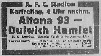 Zeitungsanzeige des Spiels 1925 mit Informationen zum Vorverkauf.