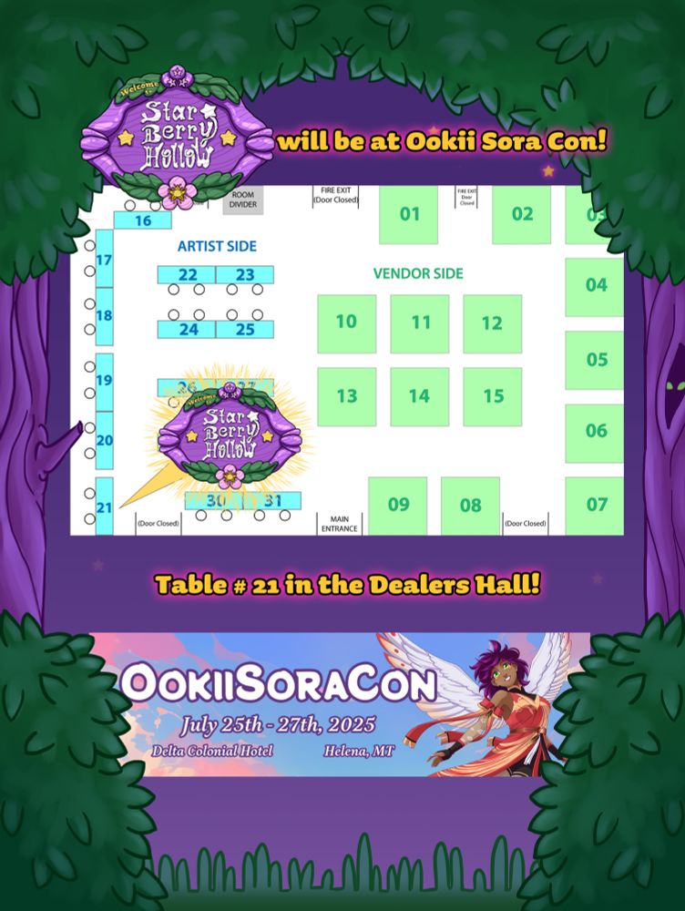 A map of the Ookii Sora Con Dealers Hall pointing out the location of Star Berry Hollow at table #21 for the convention dated July 25th-27th 