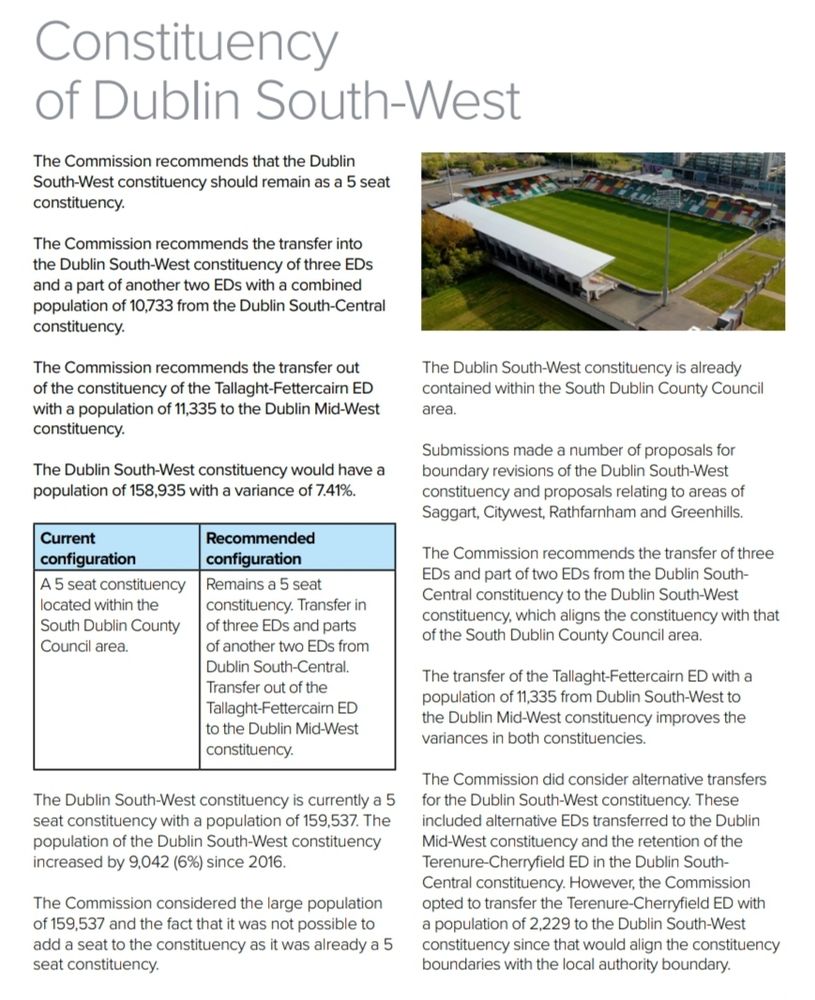 Details of the reformulated Dublin South West constituency with a photograph of Tallaght Stadium