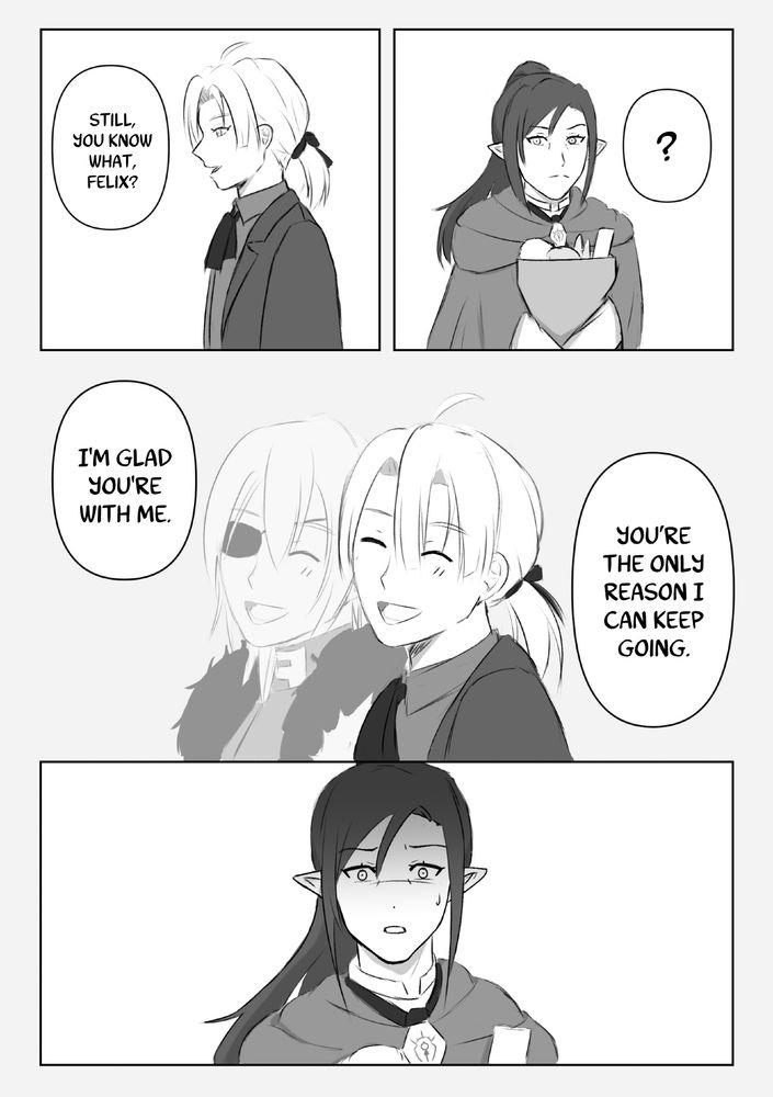 4-panel comic of arthur (fe3h oc who resembles dimitri) and felix (a redesign featuring longer hair and nabatean elements) with dimilix adjacent elements. it features a scene from their c support

1st panel: side profile of arthur saying "Still, you know what, Felix?"
2nd panel: Felix carrying some groceries with a slight frown and going "?"
3rd panel: A larger panel in the center with Arthur smiling and saying, "I'm glad you're with me. You’re the only reason I can keep going." A semi-transparent image of Dimitri can be seen in the background.
4th panel: Felix looking stricken and heartbroken