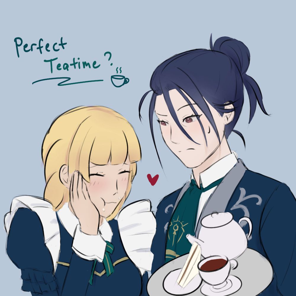 art of ingrid and felix in their teatime alts from fire emblem heroes. the costumes are a modified version of the maid and butler costumes from fe3h respectively. ingrid has stolen one of the sandwiches and eaten it. felix looks on with a look that is equal parts exasperated and fond as he holds the tray with the teapot, tea, and remaining sandwich

the text at the upper left says "perfect teatime?"