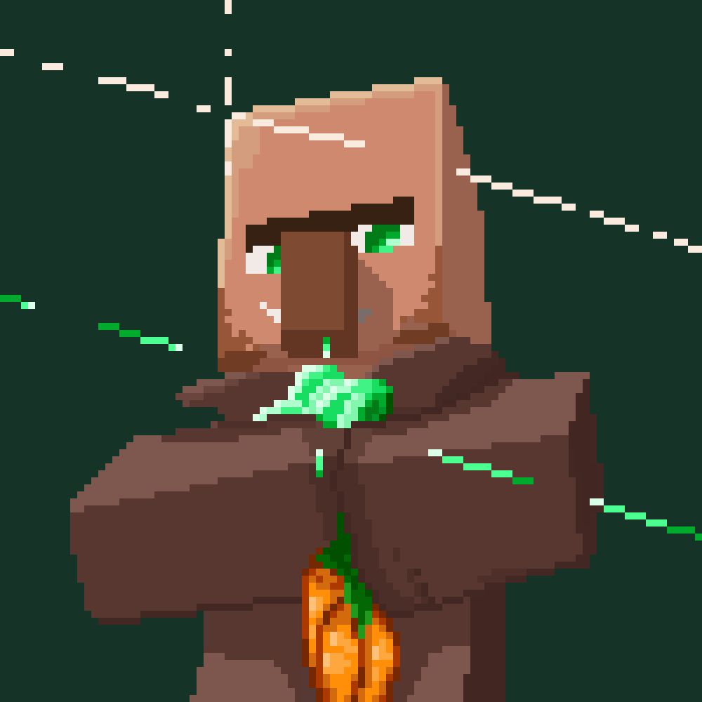 A minecraft villager holding emeralds and a carrot. The emerald and the villager's head are shining ray of light.