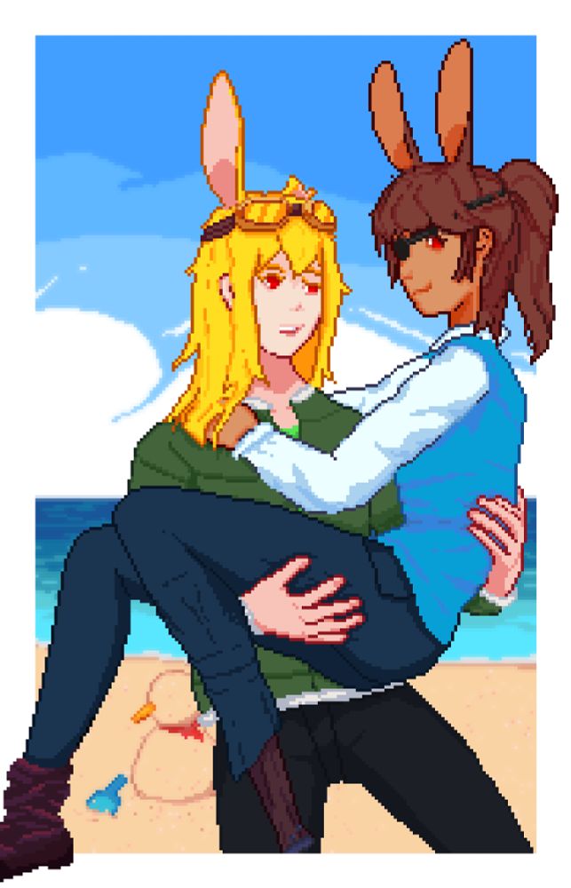 Two women with rabbit ears, one holding another in a princess carry. One on the left has blond hair, is missing her left rabbit ear, is wearing a google on her head and a green jacket. One on the right has brown hair, tan skin, and is wearing a pirate uniform with a black eyepatch on her right eye, and a peg leg on her left leg.