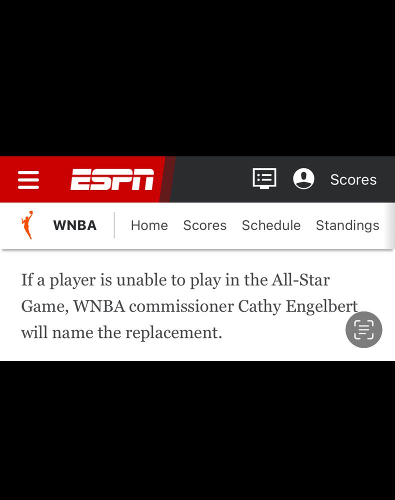 Screenshot from ESPN that says “If a player is unable to play in the All-Star Game, WNBA commissioner Cathy Engelbert will name the replacement.