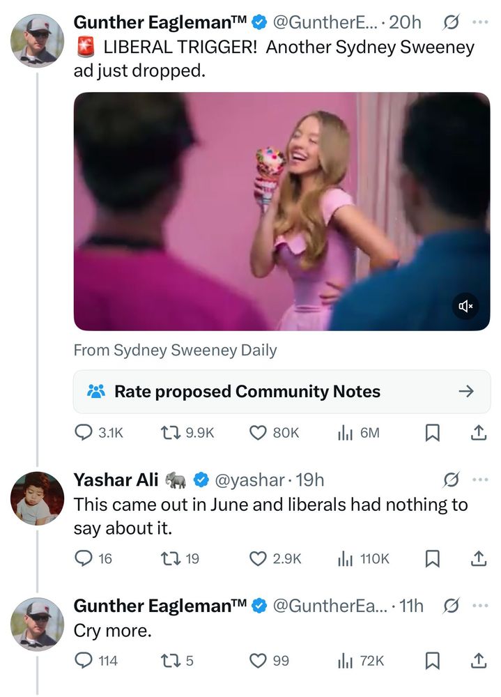 A screenshot of a Twitter exchange. The first tweet is from Gunther Eagleman™ (@GuntherE) with a profile picture of a man wearing sunglasses and a hat. The tweet reads: “🚨 LIBERAL TRIGGER! Another Sydney Sweeney ad just dropped.” Below is an image of Sydney Sweeney wearing a pink dress, holding an ice cream cone with colorful sprinkles, smiling and posing in front of a pink background. The tweet is tagged “From Sydney Sweeney Daily” and shows engagement metrics: 3.1K comments, 9.9K retweets, 80K likes, and 6M views.

The second tweet is a reply from Yashar Ali (@yashar) with a profile picture of a child, reading: “This came out in June and liberals had nothing to say about it.” It has 16 comments, 19 retweets, 2.9K likes, and 110K views.

The third tweet is a reply from Gunther Eagleman™, reading: “Cry more.” It has 114 comments, 5 retweets, 99 likes, and 72K views.