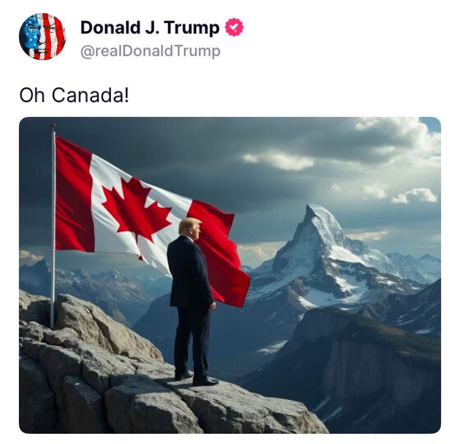 Alt-text: A digitally altered image of Donald Trump standing on a rocky cliff beside a large Canadian flag, with a dramatic mountain range in the background. The caption reads, “Oh Canada!”