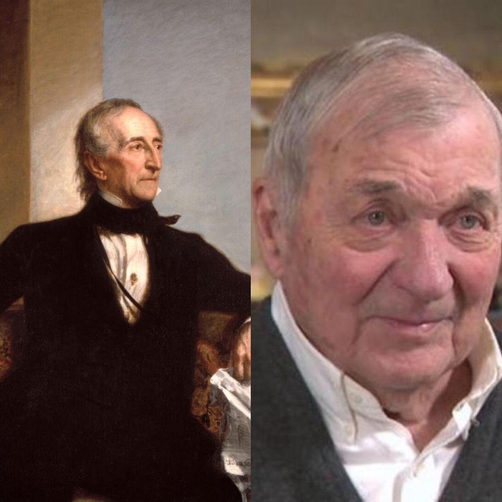 Alt-text: A side-by-side image featuring a painted portrait of President John Tyler on the left and a contemporary photograph of his grandson, Harrison Ruffin Tyler, on the right. John Tyler is shown in a formal 19th-century black suit, seated and gazing to his left with a dignified expression. Harrison Ruffin Tyler, elderly with gray hair and wearing a white shirt and gray sweater, looks into the camera with a gentle expression, highlighting the striking generational link between them.