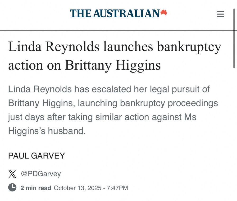Linda Reynolds launches pankruptcy action on Brittany Higgins
Linda Reynolds has escalated her legal pursuit of Brittany Higgins, launching bankruptcy proceedings just days after taking similar action against Ms Higgins's husband.