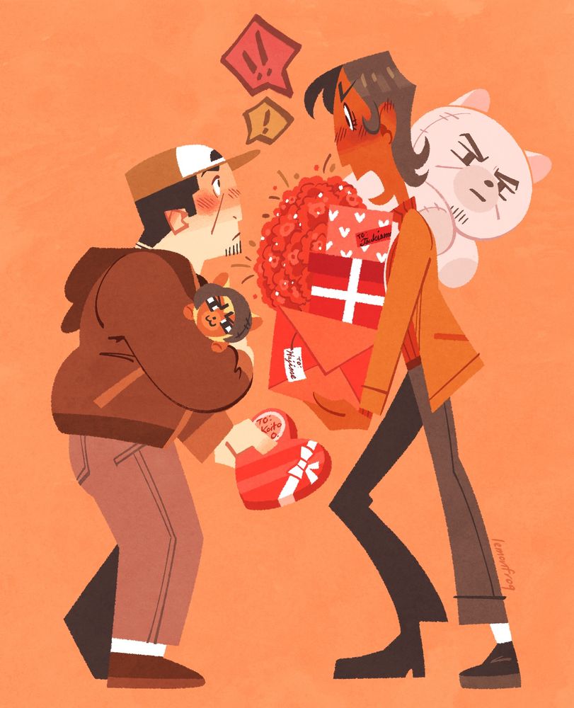 Digital illustration featuring modern AU Tsukishima and Koito from Golden Kamuy. Tsukishima is holding Valentine’s gifts for Koito, which include a small animal Koito fourze plush and a heart-shaped box of chocolates. Koito has his own gifts too, but he has more compared to Tsukishima, which include a few wrapped gift boxes, a bouquet of red flowers, and a big animal Tsukishima fourze plush. Both look shocked and visibly red, as they were gonna surprise each other for Valentine’s.