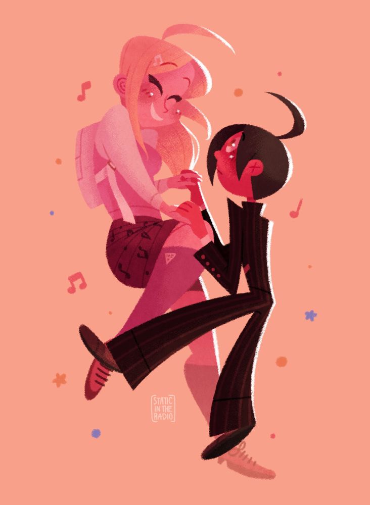 Digital illustration featuring Kaede and Shuichi from Danganronpa. They’re shown floating on a flat pink background surrounded by little colorful stars, dots, and music notes. The two are holding hands as Kaede is smiling (almost looks like as if he’s pulling him up) and Shuichi is looking upwards at her, blushing. 