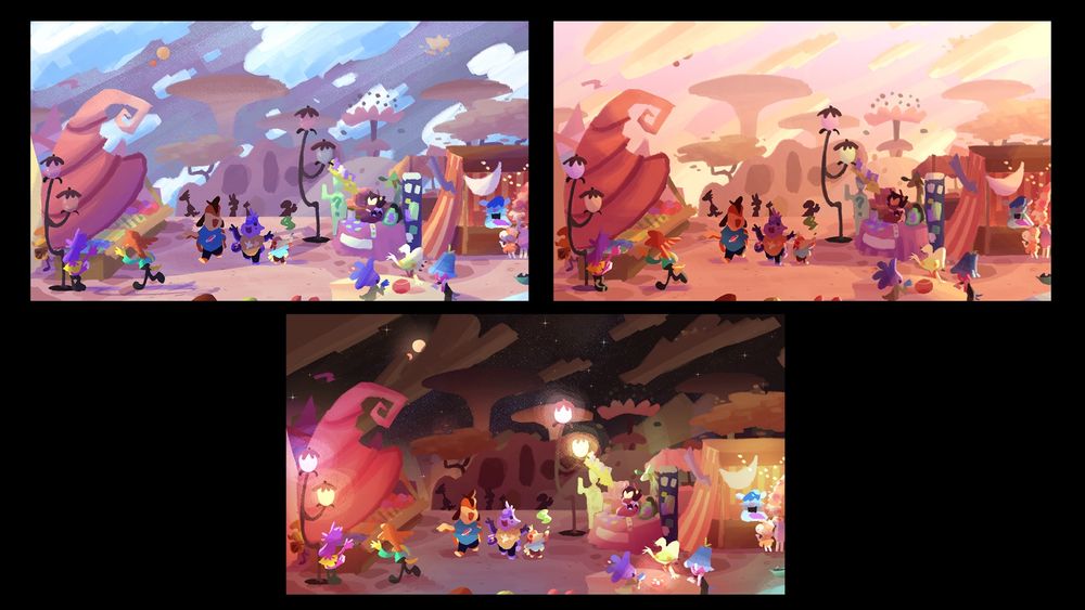 Digital color scripts of the festival, including Siona’s booth, showcasing the different moods of the day. Top left shows daytime colors, top right shows late afternoon colors, and the bottom shows nighttime colors.
