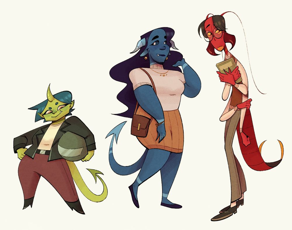 Digital character sheet showing the second half of my lineup. From left to right it features my ocs Juni (a green demon with one hand on her hip and the other holding a motorcycle helmet under her arm), Serilda (a blue demon fixing her hair), and Scol (a centipede demon shyly holding a book with his first set of arms close to his chest).