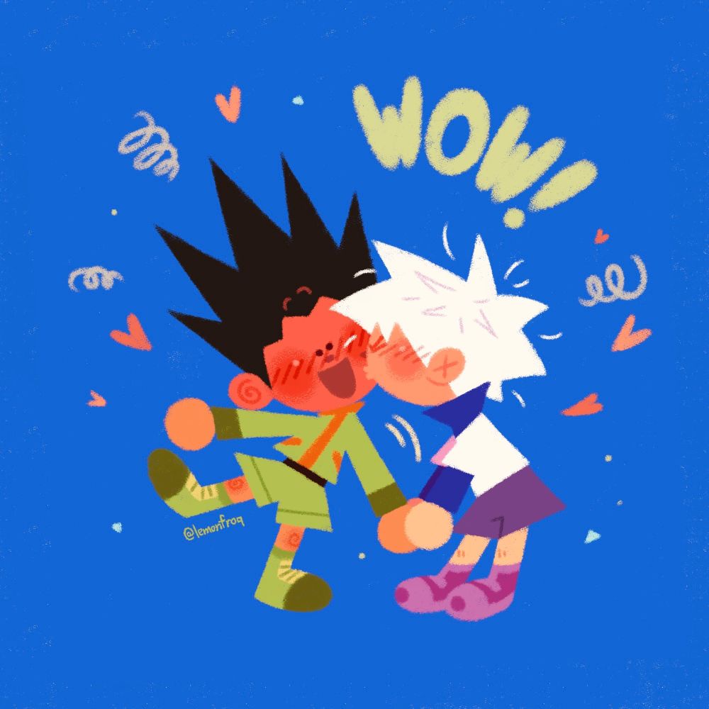 Illustration showing Killua kissing Gon as a surprise, making both blush bright red. Gon is visibly flustered as Killua pulled him in closer for a cheek kiss.