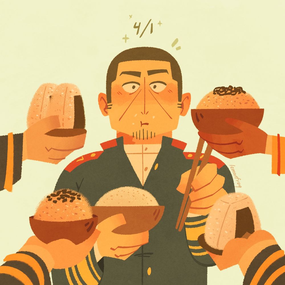 A digital illustration of Tsukishima from Golden Kamuy. He looks surprised and flustered mid-lunch as he’s surrounded by gifts from other soldiers, each of them offering different rice dishes. Counter-clockwise: one soldier holds a dish with two rice-balls, second solider holds a rice bowl with seaweed toppings, third soldier holds a singular rice-ball, and last is Koito who holds another rice bowl with seaweed toppings. Above Tsukishima is text that reads his birthday, “4/1”. 